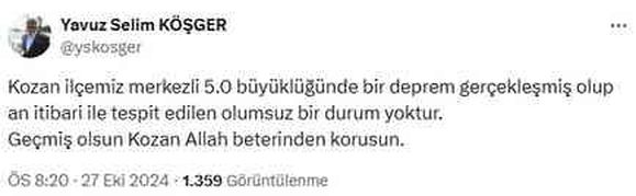 Adana'nın Kozan ilçesinde 5 büyüklüğünde deprem