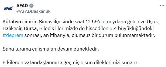 Kütahya'da 5.4 büyüklüğünde deprem! İstanbul ve İzmir'de de hissedildi