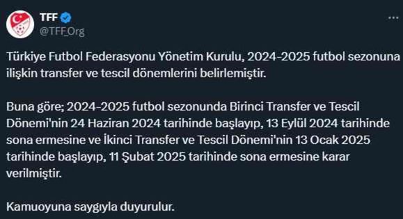 2024-2025 futbol sezonunun transfer ve tescil dönemi belli oldu
