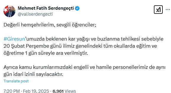 Giresun okullar tatil mi SON DAKİKA? 20 Şubat Perşembe Giresun okul yok mu (Giresun Valiliği Açıklaması – KAR TATİLİ)?