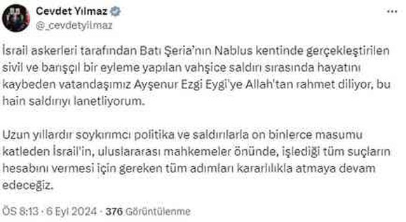 Cumhurbaşkanı Erdoğan'dan Türk aktivistin Batı Şeria'da öldürülmesine tepki