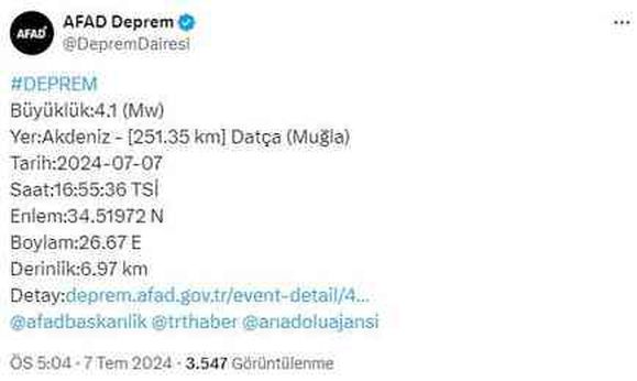 Muğla'nın Datça ilçesi açıklarında 4,1 büyüklüğünde deprem