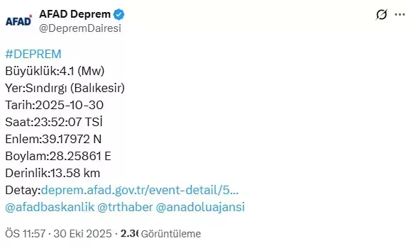 Sındırgı'da 4.1 büyüklüğünde deprem