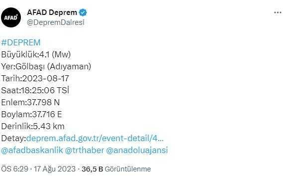 Adıyaman'da 4,1 büyüklüğünde deprem