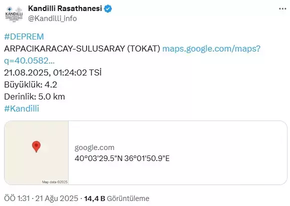 Tokat'ta 4 büyüklüğünde deprem