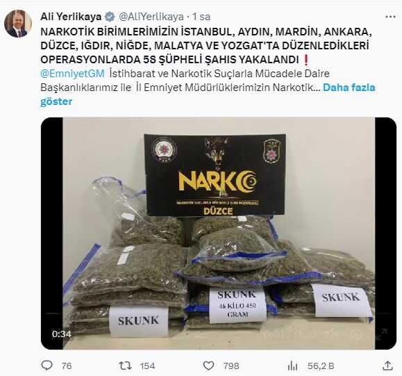 İçişleri Bakanı: Uyuşturucu Operasyonlarında 58 Şüpheli Yakalandı