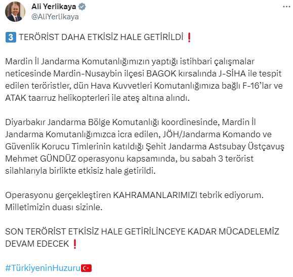 İçişleri Bakanı Ali Yerlikaya: Mardin'de 3 terörist etkisiz hale getirildi