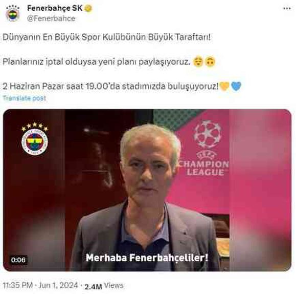 Mourinho, Fenerbahçeli taraftarlara seslendi: Kadıköy'de buluşuyoruz