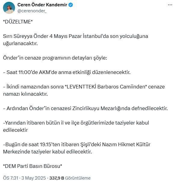 Sırrı Süreyya Önder'e veda! İşte cenaze programının detayları