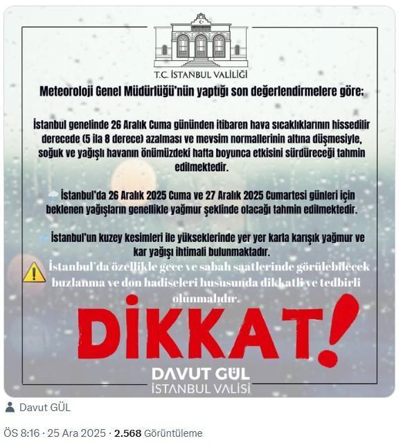 İstanbul Valiliği'nden kar uyarısı