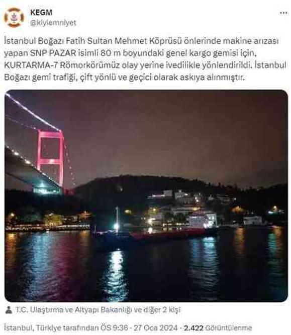 İstanbul Boğazı'nda gemi trafiği geçici olarak askıya alındı