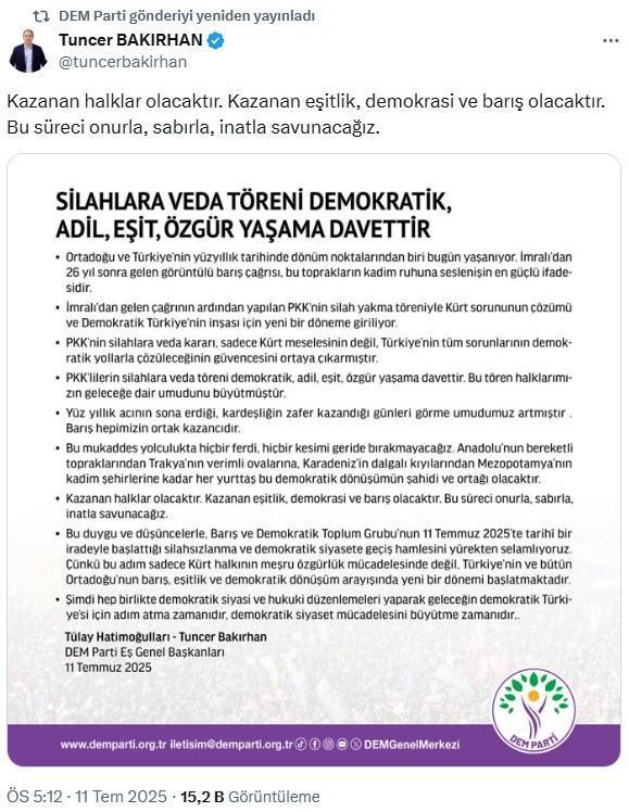 PKK silah bıraktı, DEM Parti'den açıklama geldi