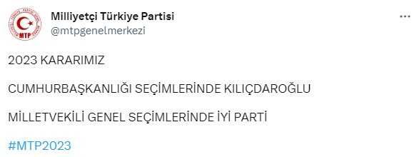 Milliyetçi Türkiye Partisi 14 Mayıs için kararını verdi: Kılıçdaroğlu ve İYİ Parti'yi destekleyeceğiz