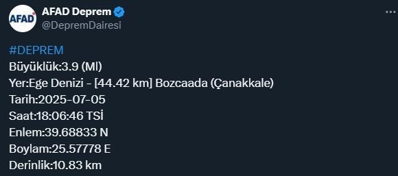 Çanakkale Bozcaada'da 3.9 büyüklüğünde deprem