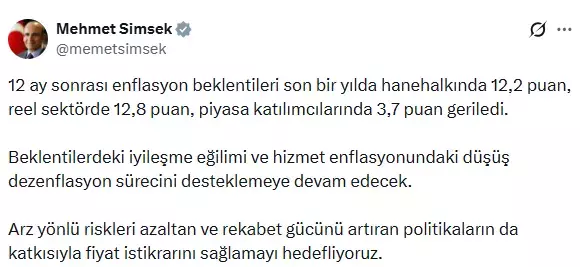 Bakan Şimşek'ten enflasyon mesajı: Dezenflasyon sürecini destekleyecek