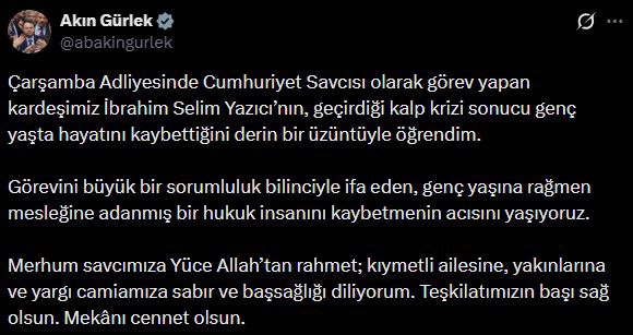 Bakan Gürlek duyurdu! Cumhuriyet savcısı kalp krizi nedeniyle hayatını kaybetti