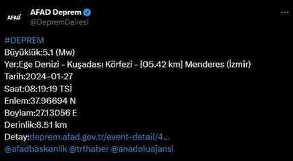 İzmir'de 5.1 büyüklüğünde deprem meydana geldi