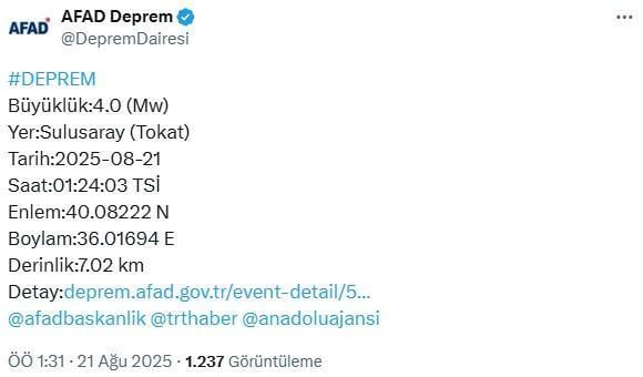 Tokat'ta 4 büyüklüğünde deprem