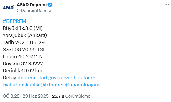 Ankara'da 3.6 büyüklüğünde deprem