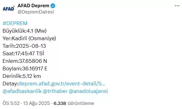 Osmaniye'de 4.1 büyüklüğünde deprem