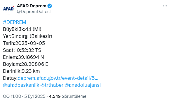 Balıkesir'de 4.1 büyüklüğünde deprem