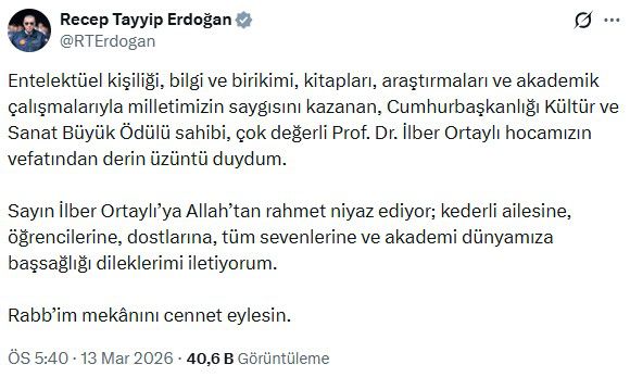 Cumhurbaşkanı Erdoğan'dan İlber Ortaylı için baş sağlığı mesajı