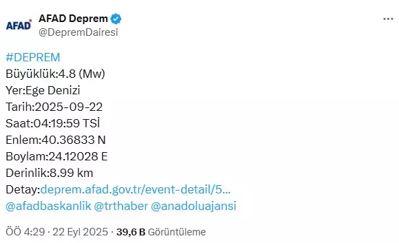 Ege Denizi'nde gece yarısı korkutan deprem