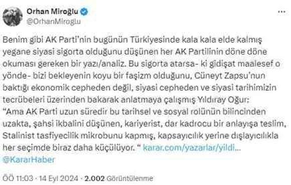 AK Partili Miroğlu'ndan ezber bozan çıkış: AK Parti ülkenin tek sigortası, atarsa koyu faşizm ülkeyi bekliyor