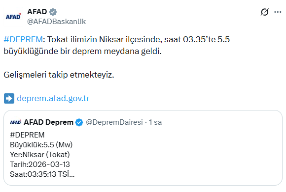 Tokat'ta 5.5 büyüklüğünde deprem