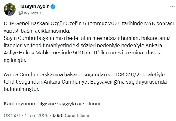 Erdoğan'dan Özel'e 500 bin liralık tazminat davası
