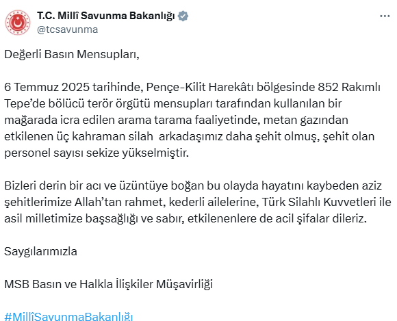 Metan gazından şehit olan askerlerimizin sayısı 8'e yükseldi