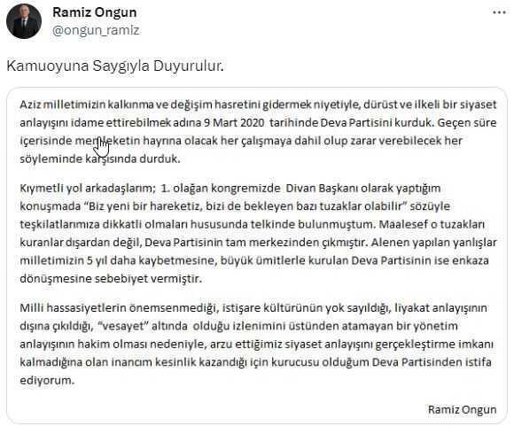 DEVA Partisi kurucularından Ramiz Ongun zehir zemberek bir paylaşımla istifa etti