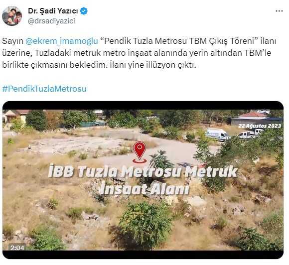 Tuzla Belediye Başkanı Şadi Yazıcı, İBB'nin metro törenini eleştirdi