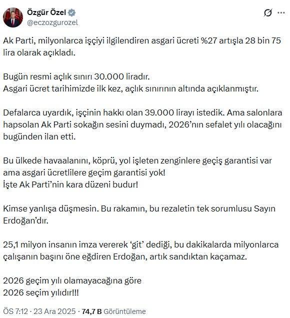 CHP Genel Başkanı Özel'den yeni asgari ücrete tepki