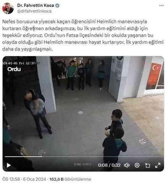 Sağlık Bakanı: Heimlich manevrası hayat kurtarıyor, ilk yardım eğitimi yaygınlaşmalı