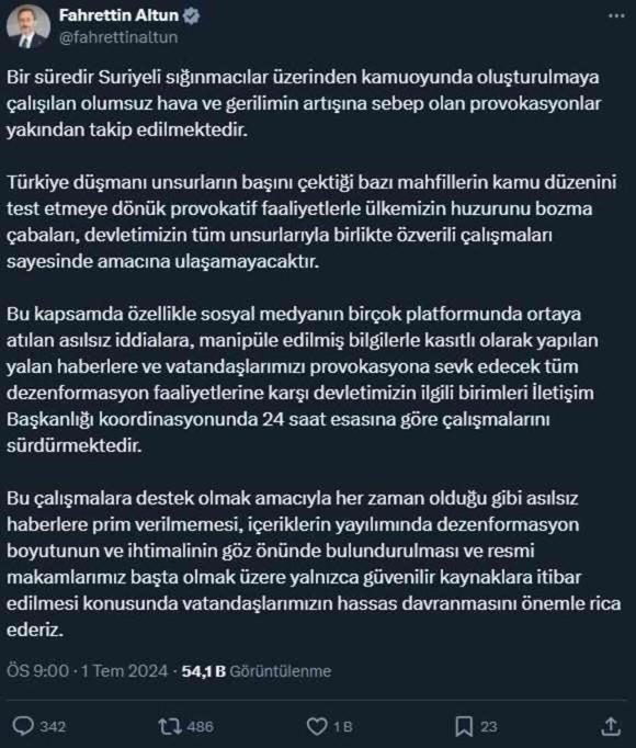 İletişim Başkanı Altun: Provokasyonlarla ülkemizin huzurunu bozma çabaları amacına ulaşamayacak