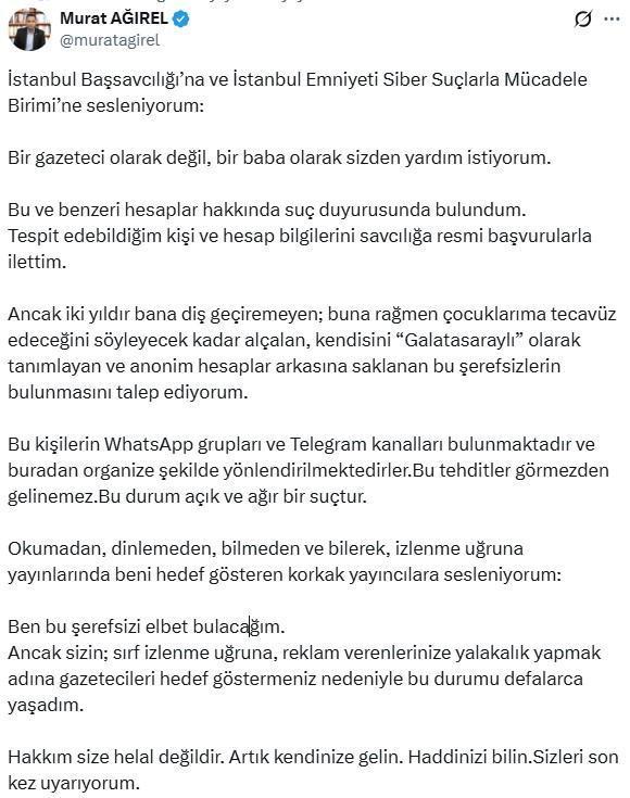 Ailesiyle birlikte tehdit edilen Murat Ağırel'den emniyet ve savcılığa çağrı