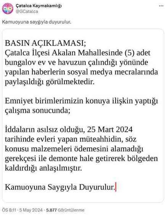 Çatalca'daki 'bungalov hırsızlığı' olayının aslı bambaşka çıktı: Müteahhit ödemesini alamayınca kaldırmış
