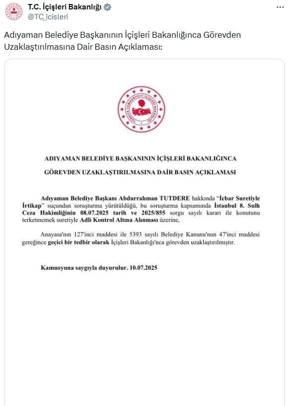 Adıyaman Belediye Başkanı Abdurrahman Tutdere görevinden uzaklaştırıldı