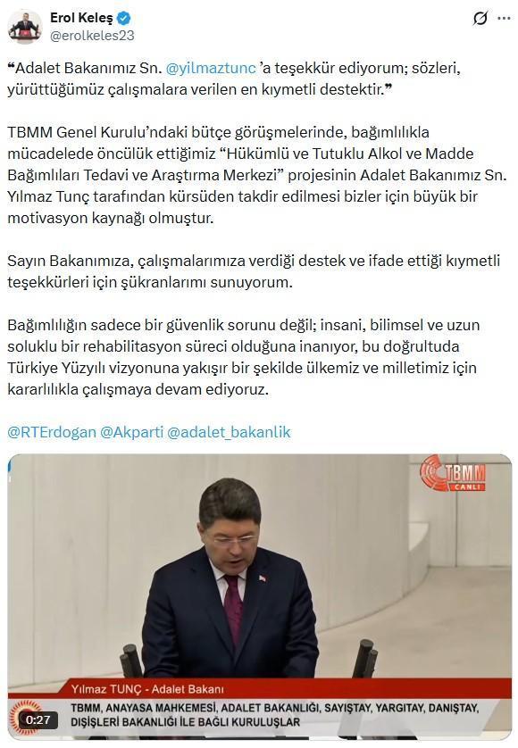Bakan Tunç'un kürsüden teşekkür ettiği Milletvekili Keleş: Bizim için büyük bir motivaston kaynağı oldu