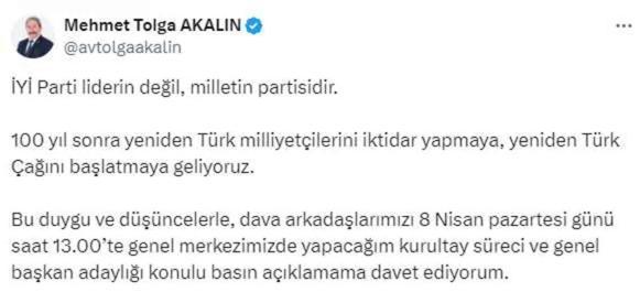İYİ Parti'de isimler ikiye çıktı! Genel Başkan Yardımcısı Mehmet Tolga Akalın da başkanlığa aday