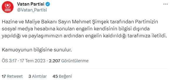 Mehmet Şimşek, Twitter'da Vatan Partisi'nin engelini kaldırdı