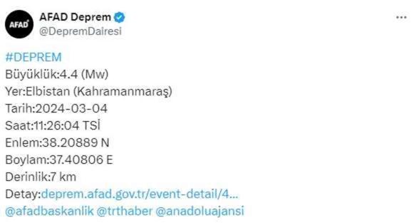 Kahramanmaraş'ta 4.4 büyüklüğünde deprem! Sarsıntı çevre illerde de hissedildi