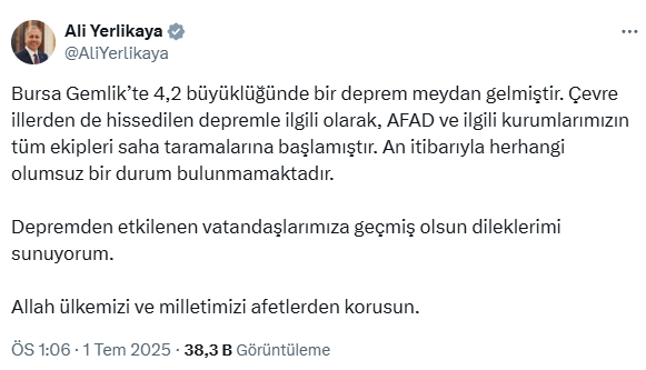 Bursa'da 4.2 büyüklüğünde bir deprem daha