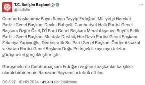 Cumhurbaşkanı Erdoğan, siyasi partilerin genel başkanlarının Ramazan Bayramı'nı kutladı
