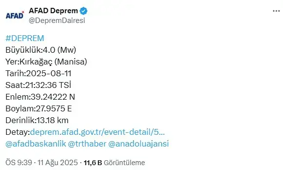 Manisa Kırkağaç'ta 4 büyüklüğünde deprem