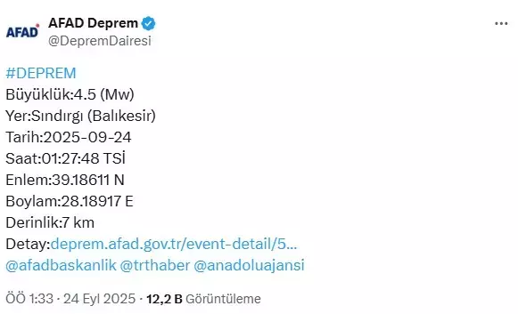Balıkesir Sındırgı'da 4.5 büyüklüğünde deprem
