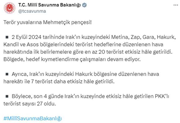 Irak'ın kuzeyine düzenlenen operasyonda 27 terörist etkisiz hale getirildi