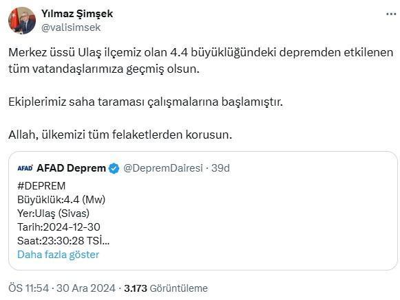 Sivas'ın Ulaş ilçesinde 4,4 büyüklüğünde deprem