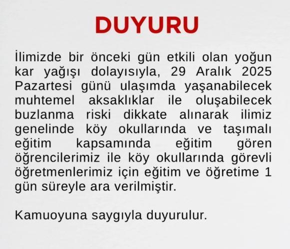 Ağrı okullar tatil mi? 29 Aralık Pazartesi yarın Ağrı'da okul yok mu (KAR TATİLİ – AĞRI VALİLİĞİ)?